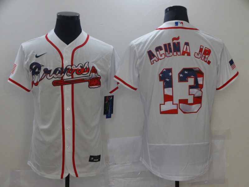 Men Atlanta Braves 13 Acuna jr White USA Flag Limited Edition Elite Nike 2021 MLB Jersey